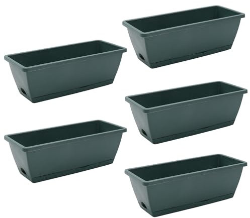 DKIEI 5 Pcs Large Flower Planter Outdoor Plastic Vegetable Plant Pot With Drainage Holes & Tray, Rectangle Trough Planters, Window Long Pots For Garden (Green 42.5 * 17 * 15Cm)