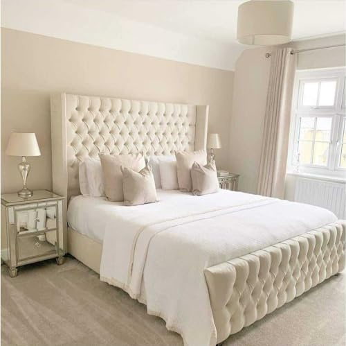 Innovative Luxury Chesterfield Winged Bed Frame - Upholstered in Plush Velvet with Mattress/Gas Lift Option - UK Made (Cream Plush, King size 5ft Bed Frame)