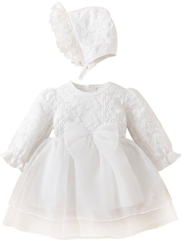 TENTIDE Newborn Baby Girl Christening Dress White Baptism Lace Long Sleeve Fall Wedding Dresses with Bonnet Outfit(White-Tulle, 6-12 Months)