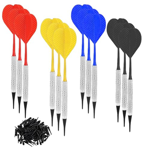 aghoer Dardos de 12 Piezas con Puntas de plástico, Juego de Dardos Blandos portátiles con 100 Puntas de Dardos de plástico, 4 Colores, Dardos Profesionales duraderos