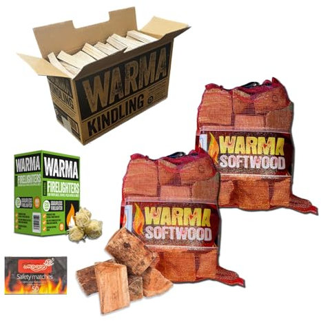 Softwood Firewood Logs 50L Kiln Dried Logs Bundle - Includes 2 x 25L Nets Soft Wood 1 x Large Box Kindling 1 x Box of 30 Eco Wood Wool Firelighters & Matches - Fire Burners Stoves Burners Fireplaces
