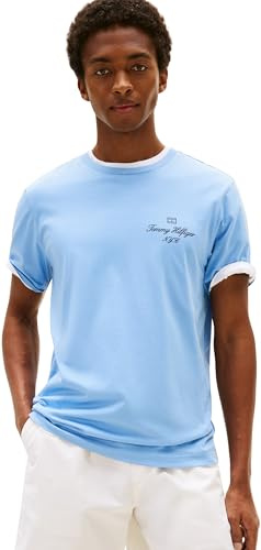 Tommy Hilfiger Camiseta de Manga Corta Hombre Outline Script tee Regular Fit, Azul (Cloudy Blue), L