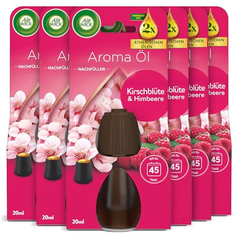 Air Wick Aroma-Öl Flakon Nachfüller – Duft: Kirschblüte und Himbeere – Fruchtig-floraler Wohnungsduft mit ätherischen Ölen – 6 x 20ml Duftöl Set