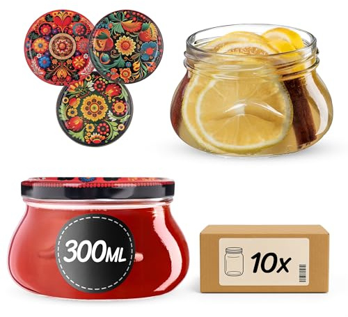 KADAX Tarros de mermelada de 300 ml con tapa de rosca fi82 mm, tarros pequeños para miel y especias, tarros de mermelada con tapa, tarros herméticos para regalar (flores de colores, 10 unidades)