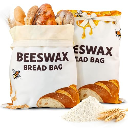 OHIYO Lot de 2 sacs à pain en cire d'abeille pour la maison, réutilisables en cire d'abeille naturelle, sacs à pain au levain, conservation de la fraîcheur pour la maison, essentiels de boulangerie