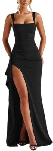 Gkaopi Women Maxi Formal Dress Sexy Sleeveless High Slit Long Dress Elegant Bodycon Square Neck Evening Dresses Ladies Slim Fit Prom Dresses for Party Cocktail Club Wedding(M) Black