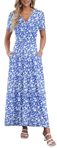 AUSELILY Robe Longue Femme Été Col en V Manches Courtes Robe Ligne A | Robe Longue Femme Été Chic et Élégant, Col en V Manches Courtes, Coupe Taille Haute Ligne A avec Poches