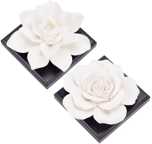 INFUNLY 2 difusores de aceite esencial de rosa blanca, mini difusores de aromaterapia de cerámica, 3.3 x 3.3 pulgadas, kit de adornos de aire de aceite esencial, difusor pasivo de flores para regalos
