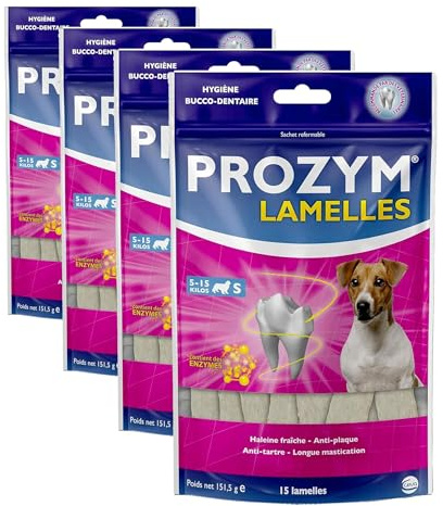Prozym 15 Lamelles pour Chiens - Soin Dentaire à mâcher - N°1 chez Les vétérinaires - Haleine fraîche - Anti-tartre - Anti-Plaque - Gencives saines (S) (Lot de 4)