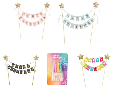 Rainway Set di 4 bandierine e 10 candele a spirale in pastello, riutilizzabili, per torta di compleanno, cupcake, vassoio da dessert e decorazioni per feste