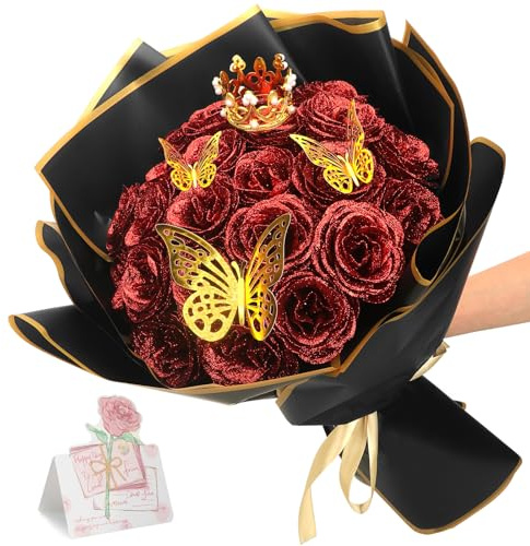 CIOXSOIO Set di 24 Bouquet di Rose Artificiali con Glitter, Fai Da Te Artificial Rose Bouquet, Bouquet di Rose Artificiali con Corona per San Valentino, Matrimonio, Fidanzamento, Compleanno