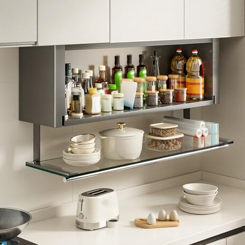 Väggmonterat köksskåp med härdat glasdörrar, kolstål dubbla lager förvaringsorganisatör för kryddor och diskar, lätt att installera, hållbar design