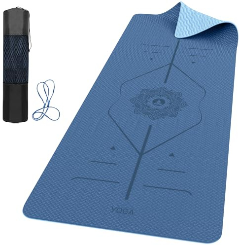 ROMIX Pro Yoga Matte Mit Körper Ausrichtungslinien, Yogamatte Rutschfest 6 mm Sportmatte Fitnessmatte für Erwachsene, Leicht Gymnastikmatte Mit Tragetasche und Gurt, Ideal für Pilates und Fitness
