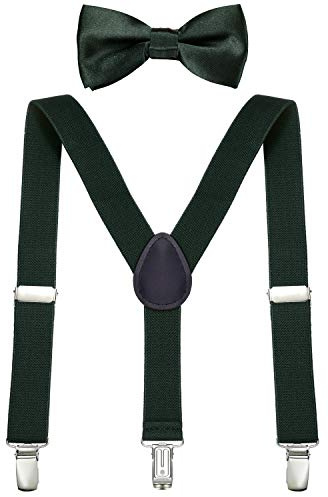 DonDon Set de Tirantes y Pajarita para Niño Verde oscuro Elástico y Ajustable por Longitud para Niños de 1-8 Años