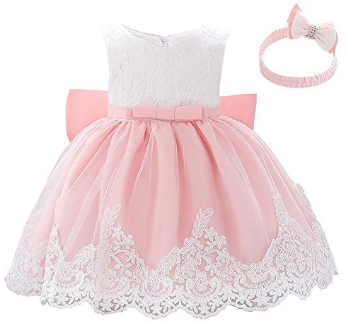 Lito Angels Vestidos Elegante Bebe Niña en Flor de Encaje Bordado y Tul Rosa, con Diadema de Lazo, para Boda Fiesta Ceremonia, Talla 6-12 Meses 426