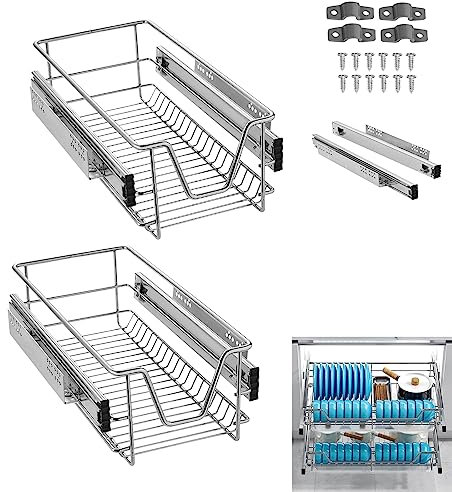 YRHome 2 Stück Küchenschublade Küchen Regal Teleskopschublade Schlafzimmerschublade Schrankauszug Organizer Küchenschrank Korbauszug Vollauszug Schublade Küchen Regal Geeignet für 30cm Schränke