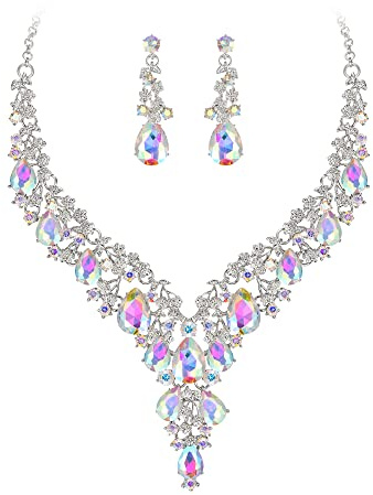 Clearine Wedding Bridal Jewellery Set Teardrop Rhinestone Cluster Statement Necklace Costume Dangle Earrings for Women Iridescent AB Silver-Tone