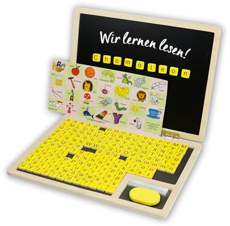 TimeTEX Lese-Klapp-Computer aus Holz, 189-tlg. | ABC Lernspiel, magnetisch mit Tafelfläche & Buchstaben-Steinen | Laptop Spielzeug für Kinder zum Lesen & Schreiben Lernen