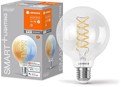LEDVANCE SMART+ WIFI LED-Lampe, Weißglas, 8W, 806lm, Kugel-Form mit 95mm Durchmesser & E27-Sockel, regulierbares Weißlicht (2700-6500K), dimmbar, App- oder Sprachsteuerung, 15.000 Stunden Lebensdauer