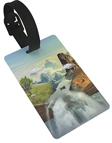 OudrspoBook Nature Scenery Magic Book Floating On Clouds Mountain Waterfall 2 Pcs Luggage Tags, Privacy Cover ID Label Loop and Address Card for Travel Bag Suitcase