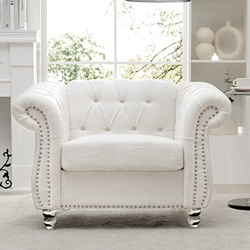 Chesterfield 100% Polyester Sofa, 1 Seater Upholstered Tufted Single Couch Armchair with Removable Cushion Rubber Wood Legs for Living Room Bedroom Apartment (Polyester, White)