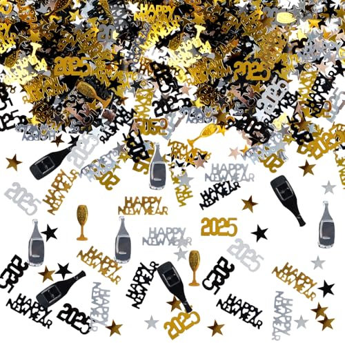 Konfetti Tischdeko HAPPY NEW YEAR 1000 Stück, RUNEAY Konfetti Silvester Deko HAPPY NEW YEAR 2026 Deko, Glitzer Konfetti Schwarz Gold Neujahrsdeko, Partydeko Silvester, Silvesterparty