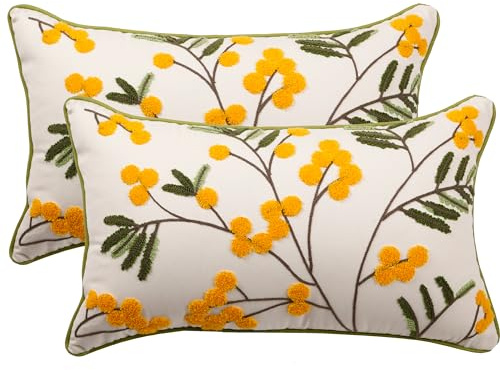Tosleo Fundas de Almohada Florales Amarillas 30,5 x 50,8 cm Paquete de 2 Fundas de Almohada Bordadas con Fruta de Espino Amarillo Fundas de Almohada de Algodón Estilo Granja Fundas de Cojín Decoración