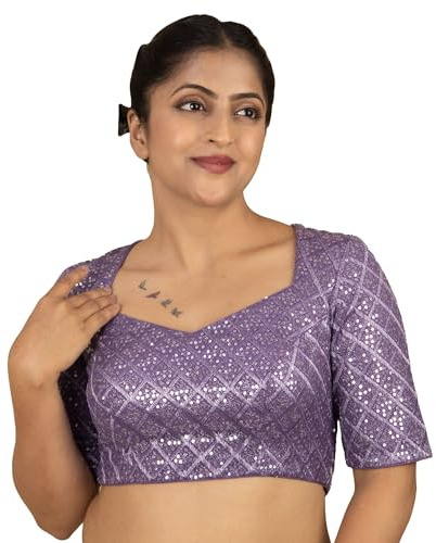 FIGURE'S DESIGNER Women's Sequin Embroidered Square V Neck Elbow Half Sleeve Readymade Saree Blouse Indian Ethnic Designer Stitched Padded Handmade Net Top Gold Silver Black Wine Rani (38, Lavender)