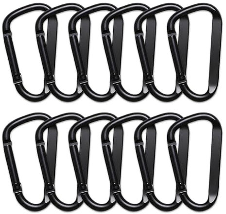 Karabiner, 12 Stück Schraubkarabiner, Karabinerhaken Aluminium, Robuster Aluminium Karabiner, Karabiner Haken D Clip, Karabiner Set, für Outdoor Sportarten, Schlüssel, Angeln(Schwarz)