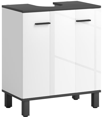 HOMCOM Meuble de salle de bain moderne avec étagère réglable pour lavabo avec ou sans socle Blanc brillant 60 x 34 x 70 cm