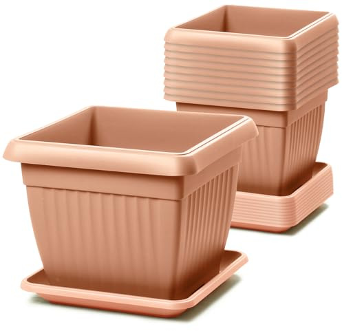 IMJ-Global Set di 10 Vasi e Sottovasi Quadrati Terra in Plastica 15x15x13 cm da Interno Esterno Colore Terracotta Design Classici