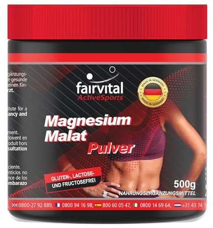 fairvital Active Sports Magnesio Malato in polvere, 500 g, con 1125 mg di magnesio per dose giornaliera, qualità testata e ad alto dosaggio, 100% vegano, Made in Germany