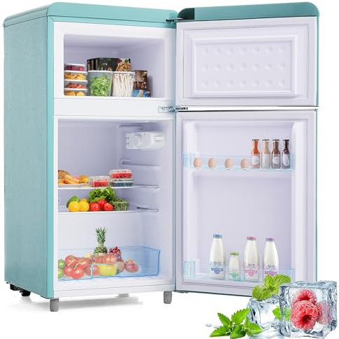 Frigorífico retro de 72 litros con doble puerta superior e inferior y congelador de 21 litros frigorífico combinado 120 kWh/año minifrigorífico de ambiente color azul claro.