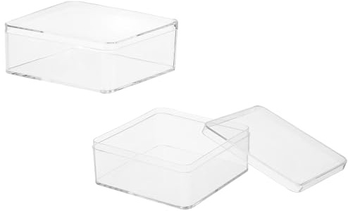 YELARXI Acrylic Box with Lid, 3.35 x 3.35 x 1.38 in Acrylic Display Case Plastic Square Cube Container Storage Holder Stackable Bins for Cosmetic Collectible Candy Jewelry(2 Pack, Clear)