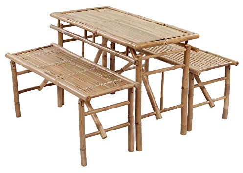 Table à Bière avec 2 Bancs, Table de Camping Ambiance Tropicale, Ensemble de Jardin Portable en Bambou pour Fête et Plus