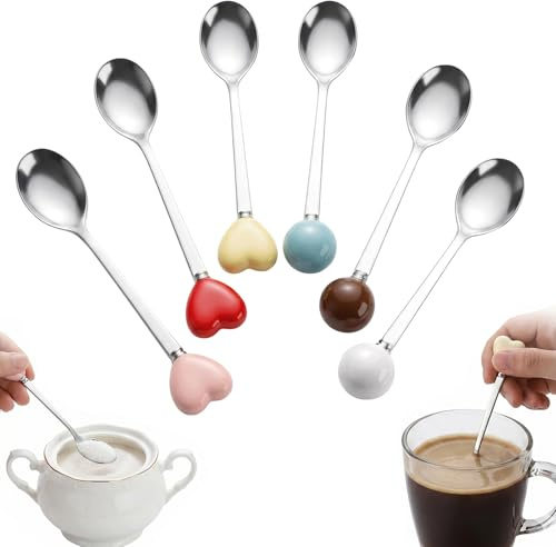 RhiVrillion Set di 6 Cucchiaini in Acciaio Inox 304, Manici Colorati a Sfera e Cuore, per Caffè, Tè, Yogurt, Dessert e Gelato
