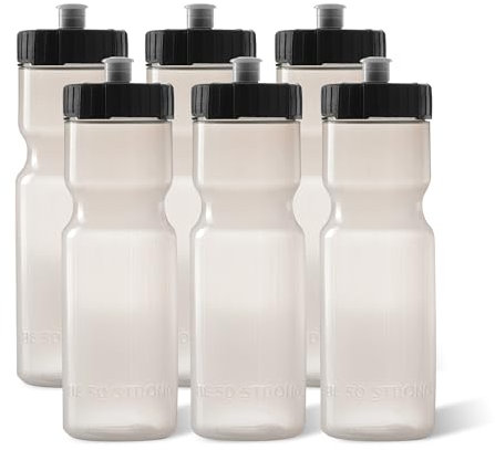 50 Strong Sports Squeeze Water Bottles - Set of 6 - Team Pack 22 oz. BPA Free Bottle Easy Open Push/Pull Cap - Multiple Colors Available (Clear/Black)