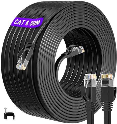 ikbc Ethernet Cable 50m, Cat 6 Internet Cable 50m High Speed Black, Flat LAN Cable RJ45 50 meter, Gigabit Patch Cord 50 metre Cat6 Network Cable for Router PS4/5 (50 Clips)