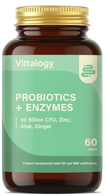 VITTALOGY Probiotics + Enzymes Probiótico Natural 40 Mil Millones UFC con 14 Cepas y Lactobacilus Gasseri. Suplemento Disminuye Inflamación e Hinchazón Abdominal y Mejora Sistema Inmune. 60 Cápsulas