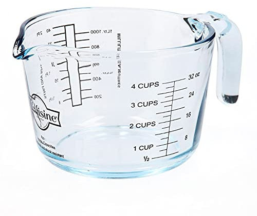 Tradineur - Jarra medidora de vidrio, 15,5 x 10,7 x 21 cm, capacidad de 1 litro, recipiente para medir, especial para labores de cocina o repostería