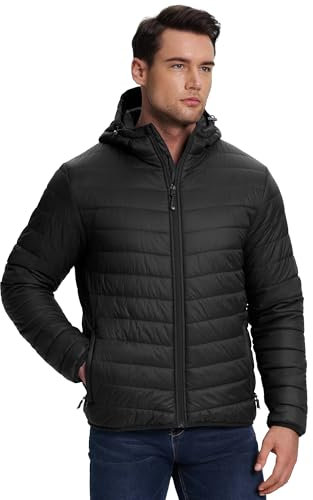 33,000ft Lightweight Waterproof Puffer Jacket Men's Packable Insulated Winter Jacket with Hood Windproof Mens Quilted Coat for Hiking, Travelling Black L
