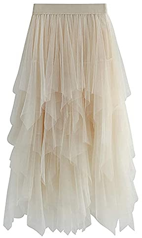 YILEEGOO Women's Tulle Skirt High Waist Tiered Layered Mesh Ballet Prom Party Tulle Tutu A-line Midi Skirt (Beige, ONE Size)