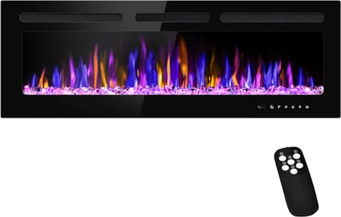 BETELNUT 50 Electric Fireplace Wall Mounted and Recessed with Remote Control, 750/1500W Ultra-Thin Wall Fireplace Heater W/Timer Adjustable Flame Color and Brightness, Log Set & Crystal Options
