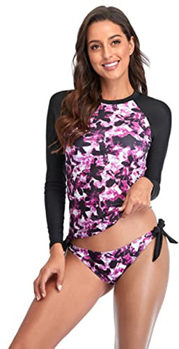LADYM Damen Rashguard Langarm Badeshirt mit Bikinihose Rash Guard Bademode Tankini Set Rosa XXL