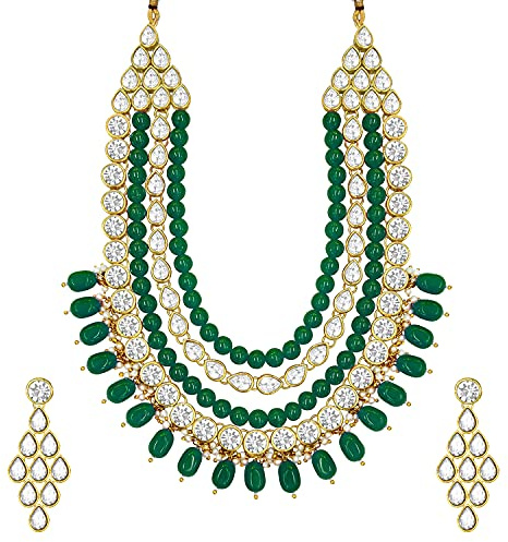 Aheli Green Kundan Long Necklace Earring Indian Traditional Bharatanatyam jewellery set Gift for Women
