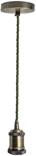 Green Brass Pendant Light E27 – Vintage Adjustable Hanging Ceiling Lamp | 1m Twisted Cable Industrial Retro Design for Kitchen Island, Dining Room, Bar, Café,