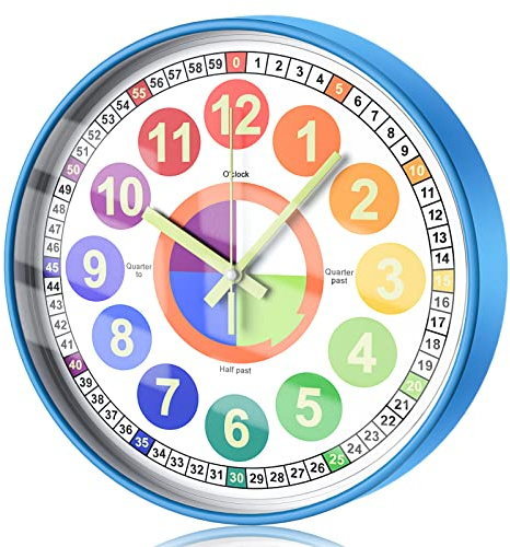 October Elf 12 Inch Wall Clock Kids Teaching Learning Clock for Bedroom, Rainbow Silent Luminous Wall Clock, Convenient for Kids Learn to Tell the Time