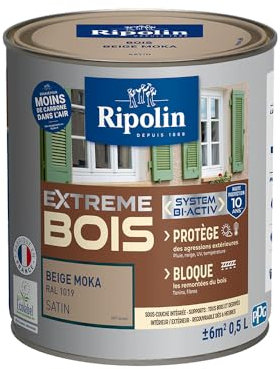 RIPOLIN - Peinture pour Bois Intérieur/Extérieur - Sans Sous-couche Ultra-couvrant - Résiste aux Intempéries, UV et Chocs - Protège et Magnifie - Lessivable - Satin - 0,5L - Beige Moka