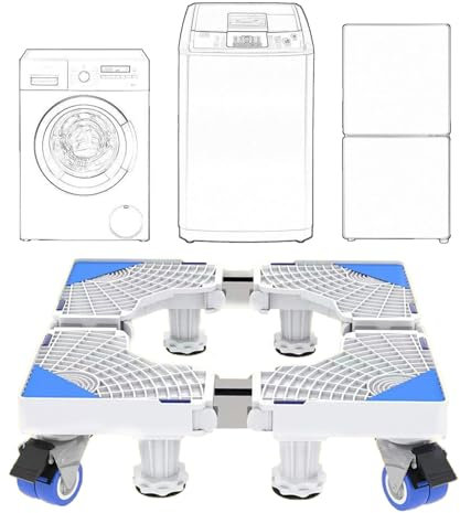 Base extraíble para lavadora, base ajustable de 41 a 64 cm, para secadora, frigorífico, alta resistencia, amortiguador y reducción de ruido [clase energética A+++] (4 patas y 4 ruedas)
