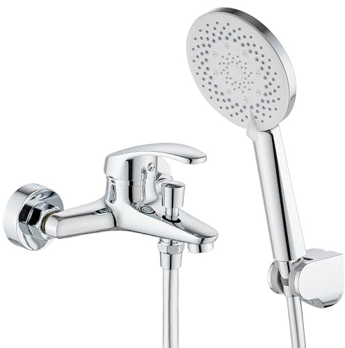 GERUIKE Grifo Bañera y Ducha Monomando con Alcachofa, Manguera y Soporte - Grifo de Bañera con Caño, 150cm Cable Ducha PVC, Cabezal Ducha con 5 Funciones - Cromo Plateado